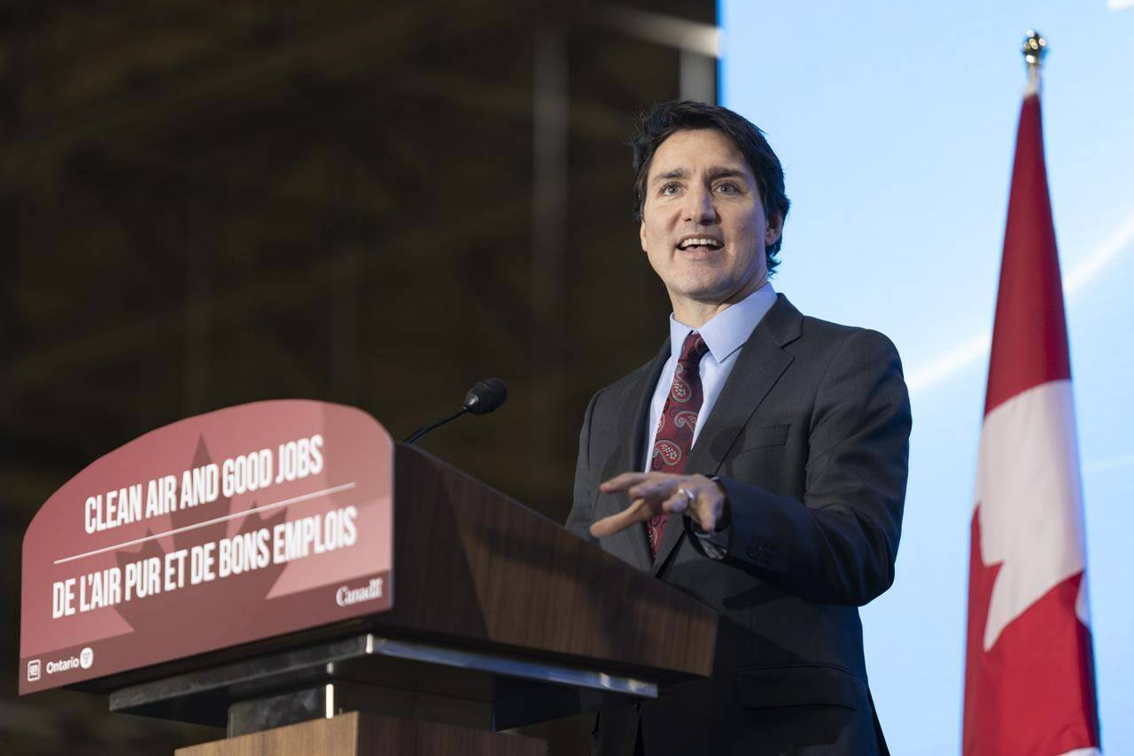 Prime Minister Justin Trudeau speaks during an announcement in Ingersoll, Ont., on Monday, December 5, 2022. The prime minster says he is “extremely worried” about a rise in respiratory illnesses among children as hospitals across the country report they are struggling to keep up with high volumes of patients. THE CANADIAN PRESS/Nicole Osborne
