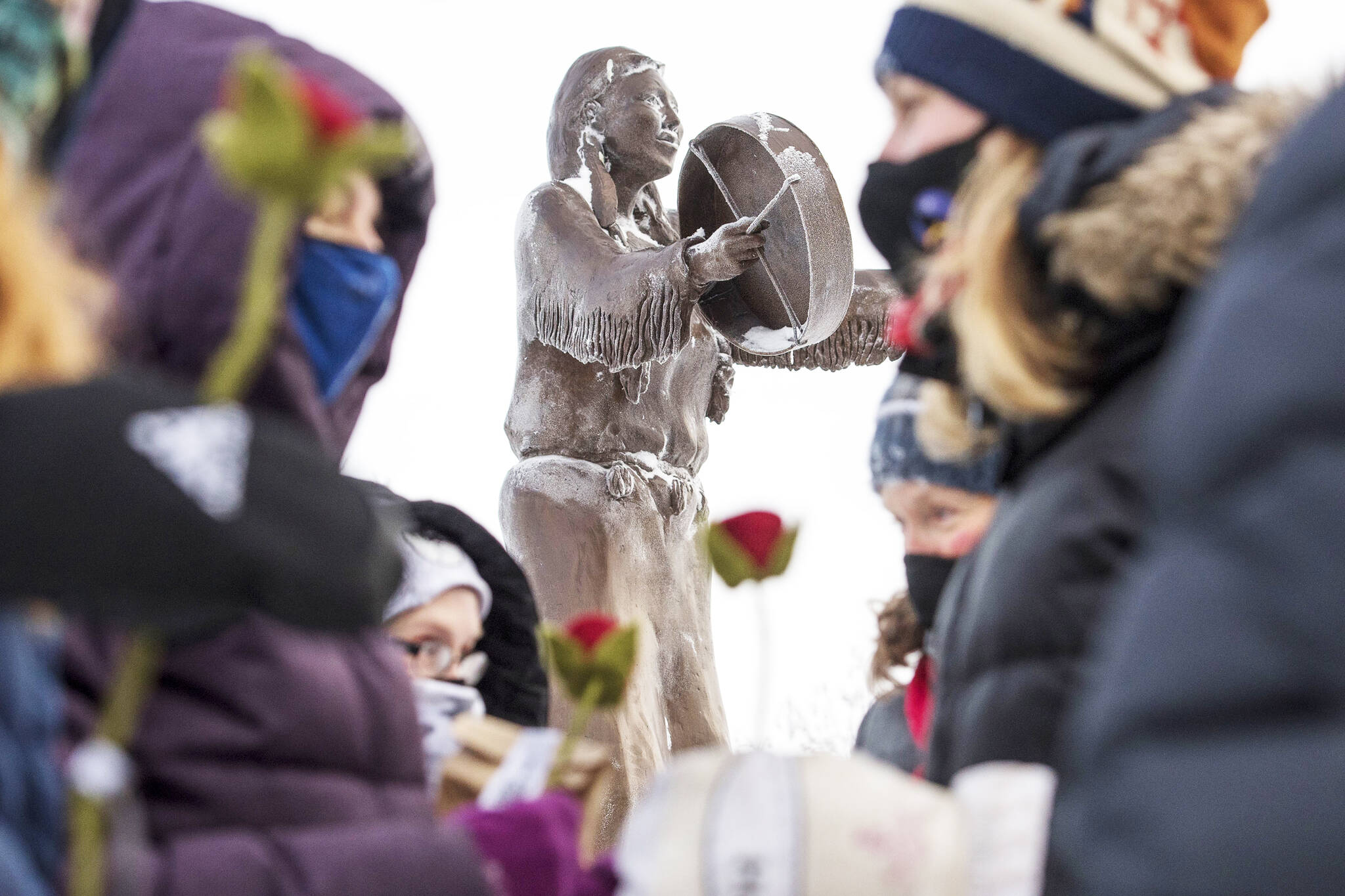 A ceremony to recognize National Day for Remembrance and Action on Violence Against Women took place on Dec. 6, 2021 in front of the new MMIWG monument in Whitehorse. The day is the anniversary of the murder of 14 women engineers at Ecole Polytechnique. (Haley Ritchie/Yukon News)