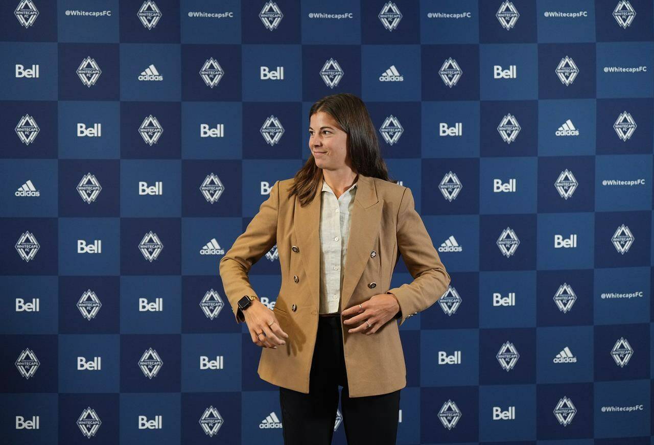 Vancouver Whitecaps general manager of women’s soccer Stephanie Labbe, former Canadian women’s national soccer team goalkeeper, attends a news conference after she was named to the position, in Vancouver, B.C., Thursday, Oct. 6, 2022. The Vancouver Whitecaps announced Monday that it will be home to one of two founding teams when a new professional women’s soccer eight-team league begins in 2025. THE CANADIAN PRESS/Darryl Dyck