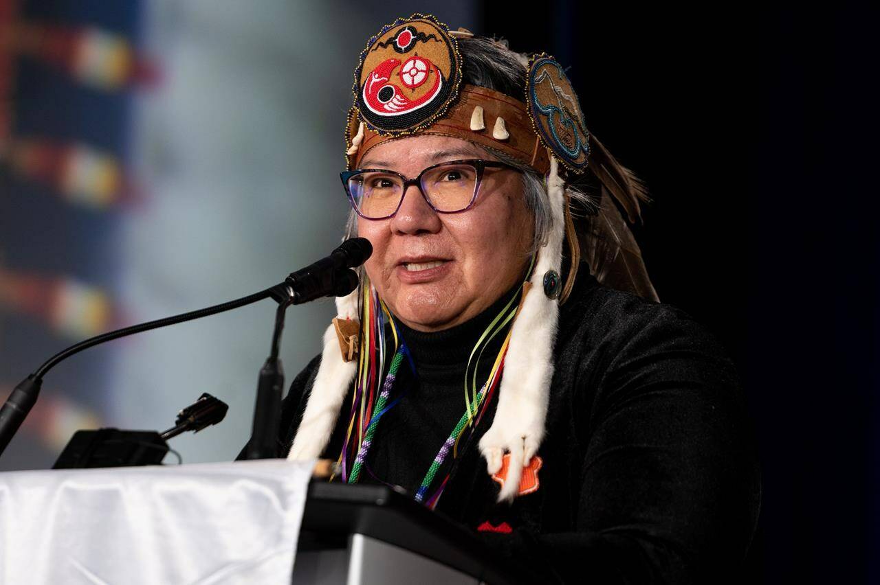 Assembly of First Nations (AFN) National Chief, RoseAnne Archibald, speaks during the AFN Special Chiefs Assembly (SCA) in Ottawa, on Tuesday, Dec. 6, 2022. THE CANADIAN PRESS/Spencer Colby
