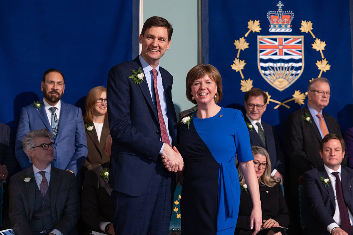 Premier David Eby announces Sheila Malcolmson as B.C.’s new minister of social development and poverty reduction on Wednesday, Dec. 7, at Government House in Victoria. (B.C. government photo)