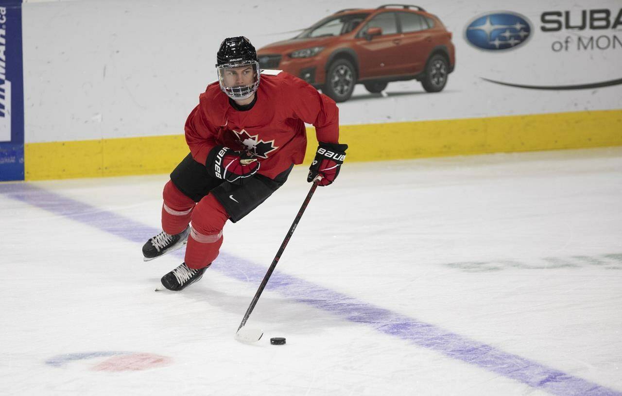 Connor Bedard skates during the Canadian World Junior Hockey Championships selection camp in Moncton, N.B., Friday, December 9, 2022. THE CANADIAN PRESS/Ron Ward