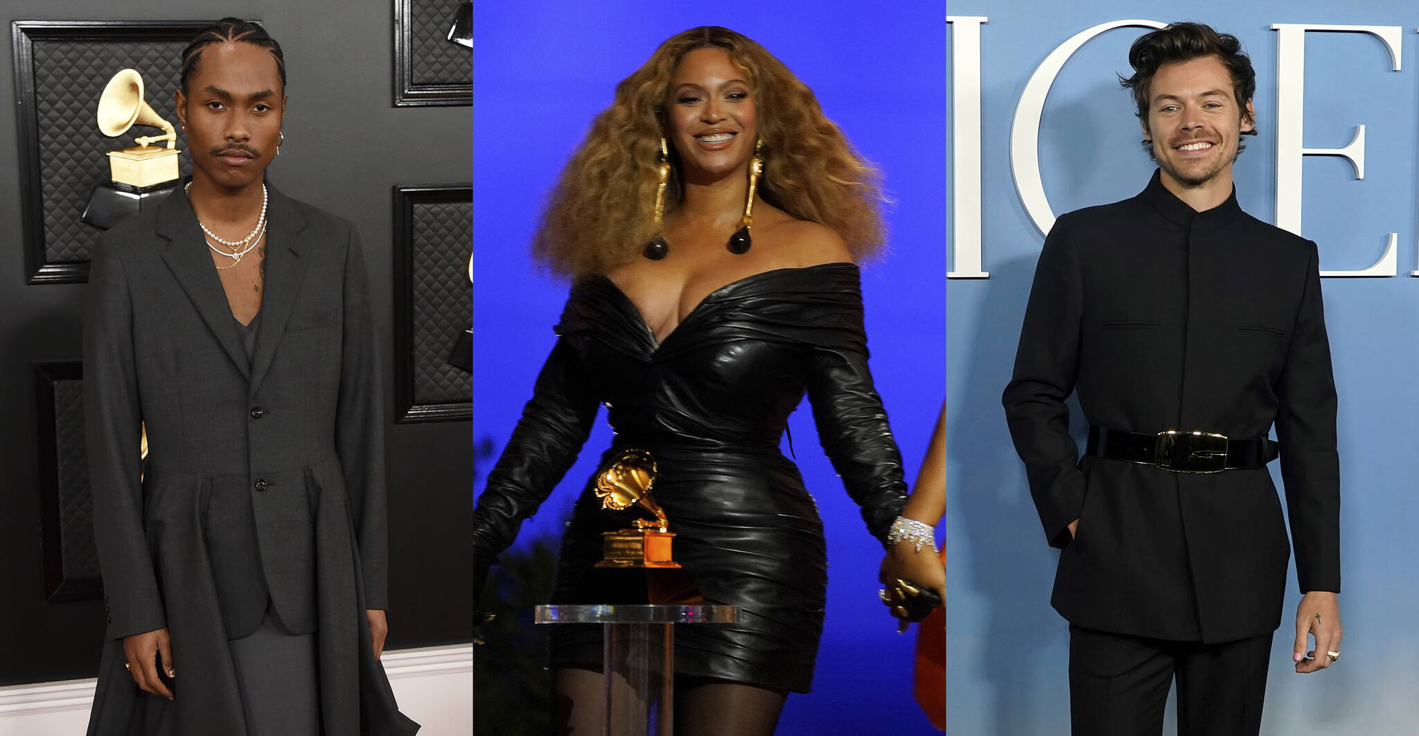 This combination of photos shows musicians, Steve Lacy, left, Beyonce, center, and Harry Styles. Lacy’s “Bad Habit” topped the Billboard Hot 100 chart and has continued to thrive. Beyoncé’s “Cuff It” track captures the spirit of fun, romance and infatuation. Style’s chart-topper “As It Was” is a bittersweet and brightly packaged bop. (AP Photo)