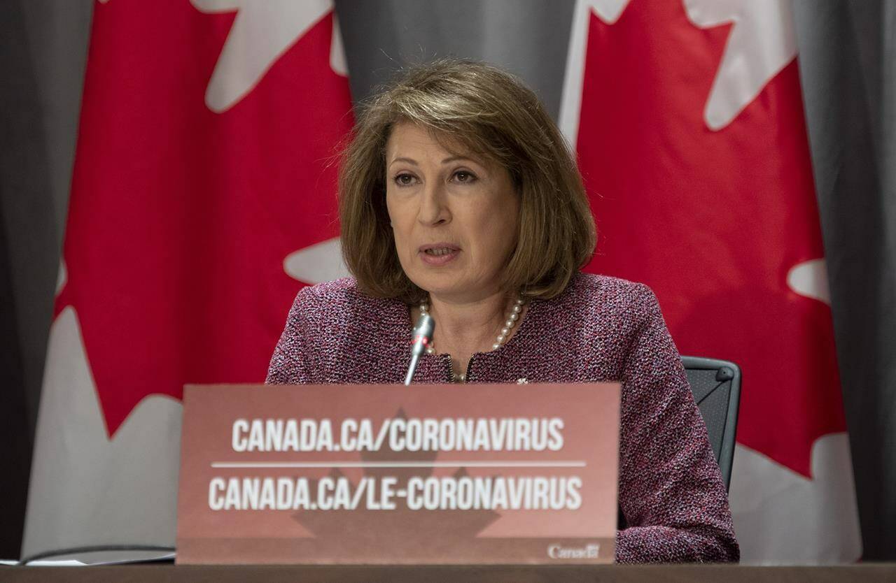 Chief science advisor Mona Nemer speaks during a news conference, Thursday, April 23, 2020 in Ottawa. Nemer released the recommendations of a taskforce established in the summer to respond to post-COVID condition, or long-COVID, today ahead of the release of her full report. THE CANADIAN PRESS/Adrian Wyld