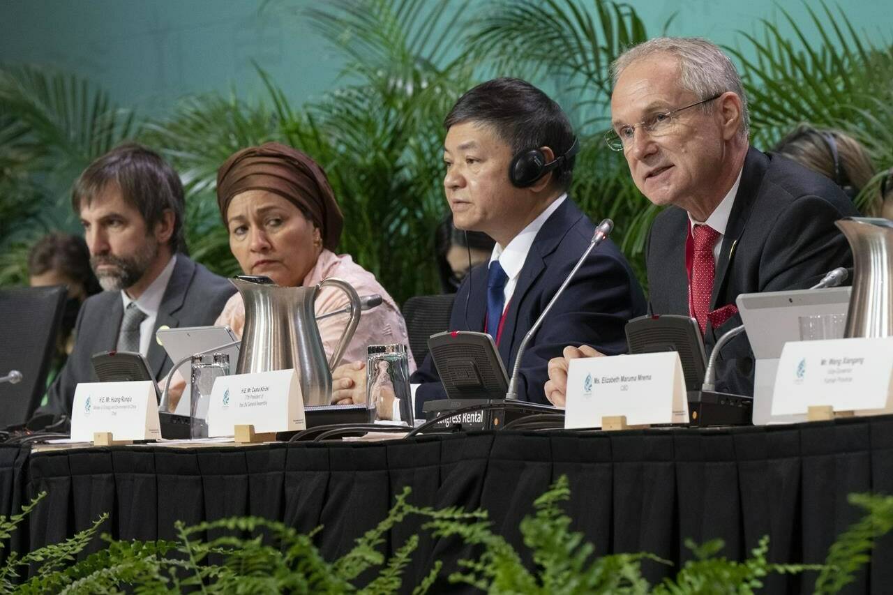 Csaba Korosi, right, 77th President of the UN General Assembly, speaks at the opening of the high level segment at the COP15 biodiversity conference as Canada’s Environment Minister, Steven Guilbeault, left, Amina Mohammed, Deputy Secretary-General of the United Nations, and Chair Huang Runqiu, Chinese Minister of Ecology and Environment, look on in Montreal, Thursday, Dec. 15, 2022. THE CANADIAN PRESS/Ryan Remiorz