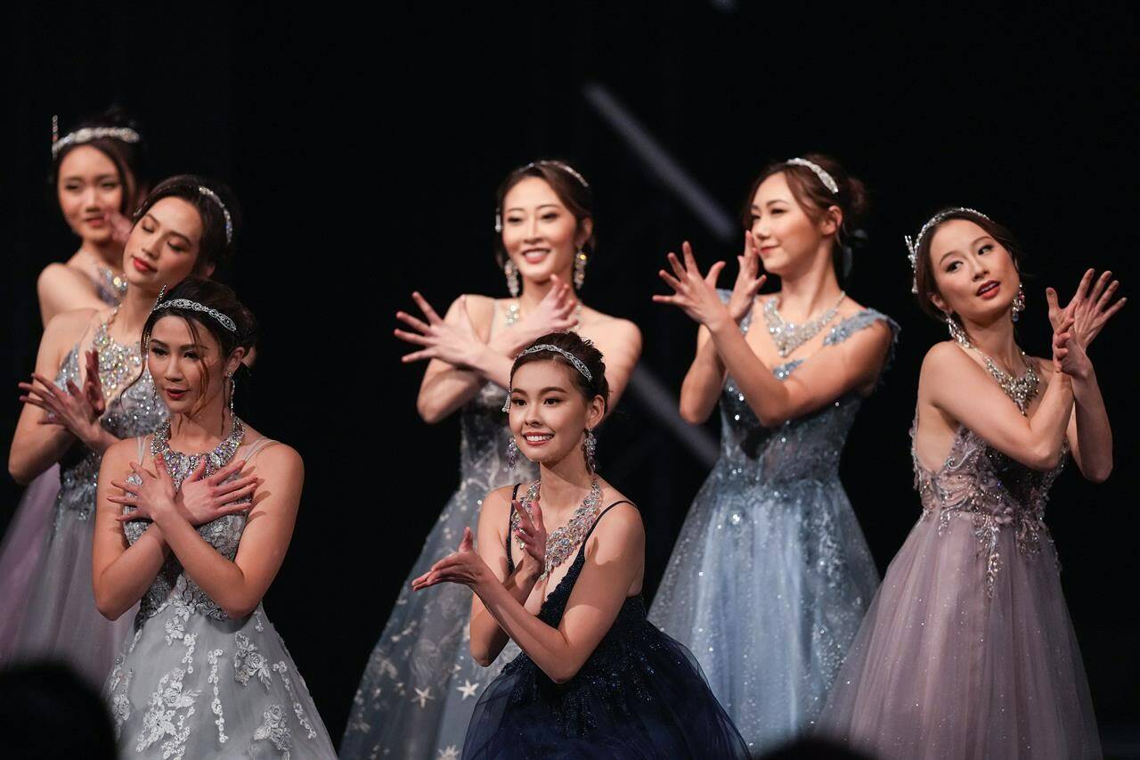 Competitors, including eventual winner Yi Yi Wang, front centre, dance during the Miss Chinese Vancouver Pageant, in Richmond, B.C., on Wednesday, November 30, 2022. The popularity of the 27-year-old pageant is testament to both the ongoing lure of celebrity in Hong Kong and Chinese show business, and what one expert calls the “aura” surrounding Canadian Chinese entertainers across the Pacific. Vancouver has long served as a source of talent for the Hong Kong and mainland Chinese entertainment scenes, and the mutual attraction persists in spite of recent political tensions between Canada and Beijing. THE CANADIAN PRESS/Darryl Dyck