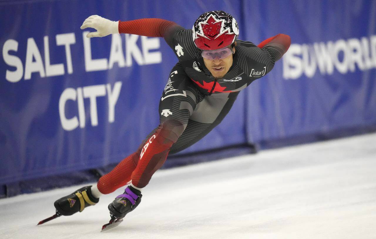 Jordan Pierre-Gilles, of Canada, skates during the men's 5,000 metre relay at a World Cup short track speedskating event Sunday, Nov. 6, 2022, in Kearns, Utah. The national men's relay team won gold for the third straight competition to lead Canada to a three-medal performance Sunday at a short-track speedskating World Cup. THE CANADIAN PRESS/AP/Rick Bowmer