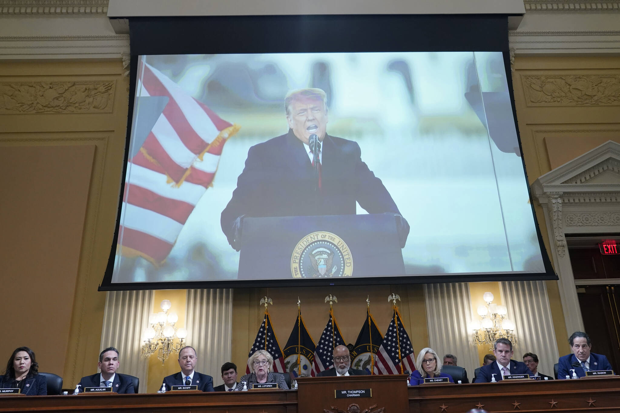 A video presentation plays as the House select committee investigating the Jan. 6 attack on the U.S. Capitol holds its final meeting on Capitol Hill in Washington, Monday, Dec. 19, 2022. (AP Photo/Jacquelyn Martin)