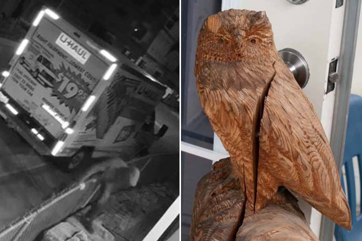 Coquitlam RCMP are asking for help identifying the thief of a Kwikwetlem First Nation totem pole, who took off with the carving in a U-Haul on Oct. 12. (Images courtesy of Coquitlam RCMP)
