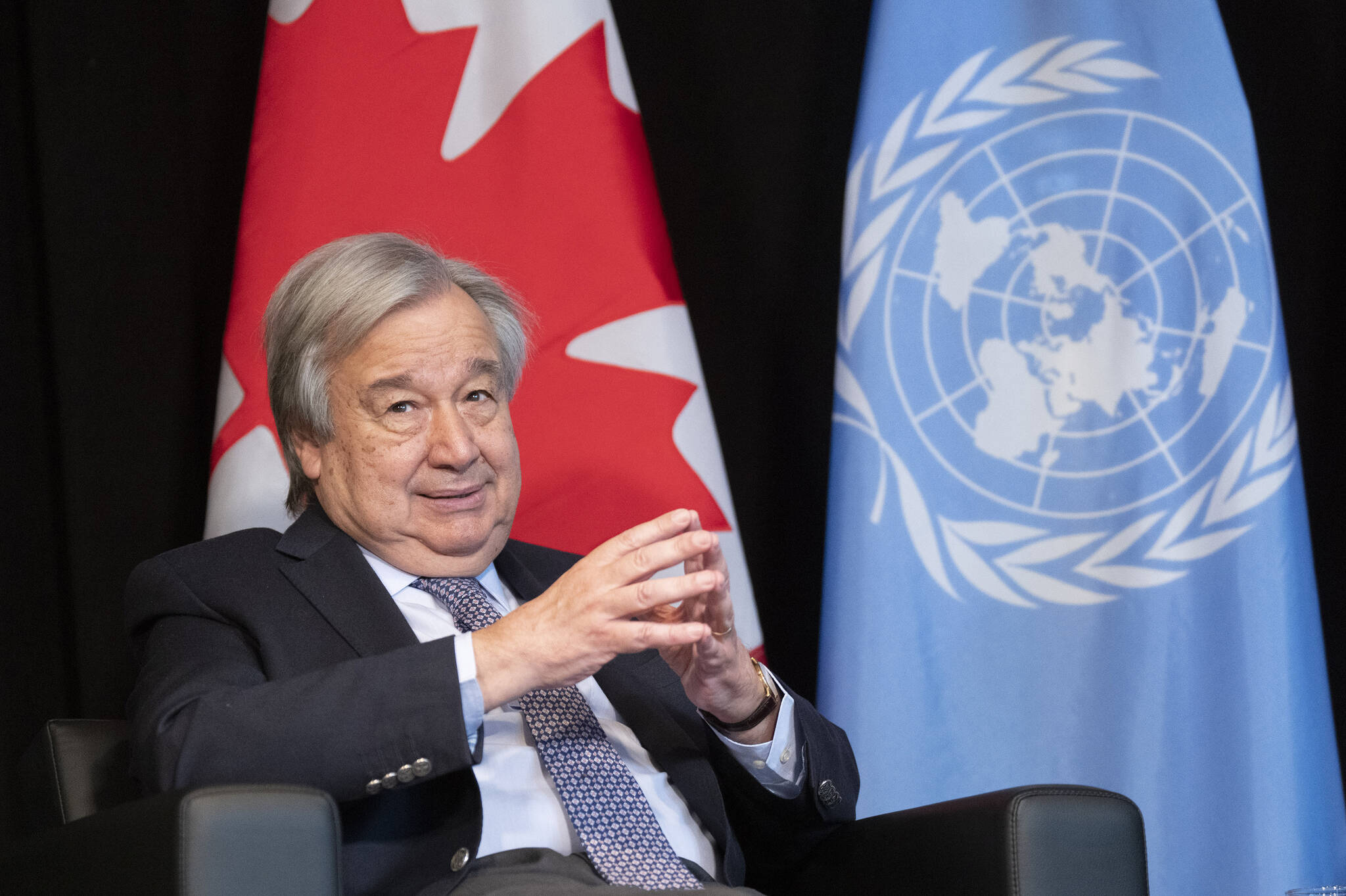 Secretary-General of the United Nations Antonio Guterres delivers remarks prior to a meeting with Prime Minister Justin Trudeau in Montreal on Wednesday, December 7, 2022. THE CANADIAN PRESS/Paul Chiasson