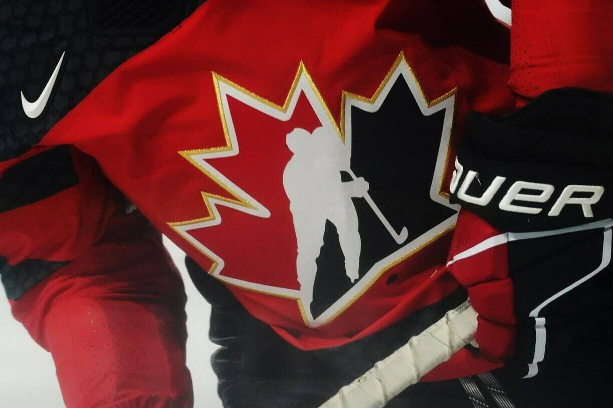 A Team Canada logo is shown on a player during the warm-up prior to Rivalry Series hockey action against the United States in Kamloops, B.C., Thursday, Nov. 17, 2022. Hockey Canada says there were more than 900 documented or alleged incidents of on-ice discrimination -- verbal taunts, insults and intimidation -- across all levels and age groups during the 2021-22 season. THE CANADIAN PRESS/Jesse Johnston