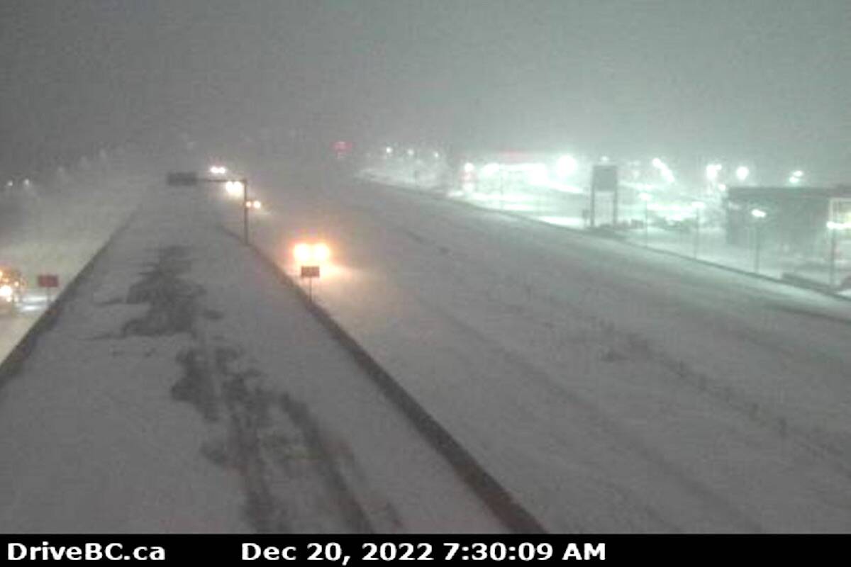 This was the webcam view in blizzard like conditions on Highway 1 at Evans Road in Chilliwack, looking west at 7:30 a.m. on Dec. 20, 2022. (DriveBC)