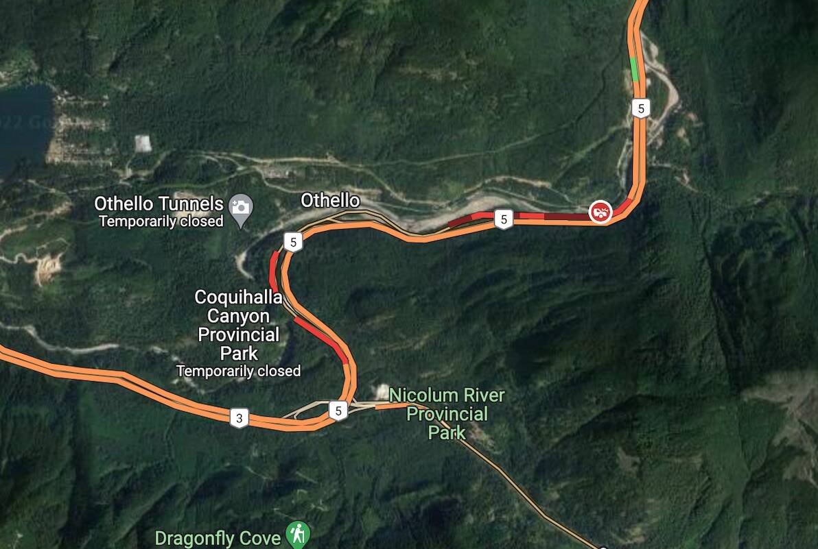 The Coquihalla Highway is closed southbound following multiple vehicle crashes at the Othello Road exit. (Google Maps)