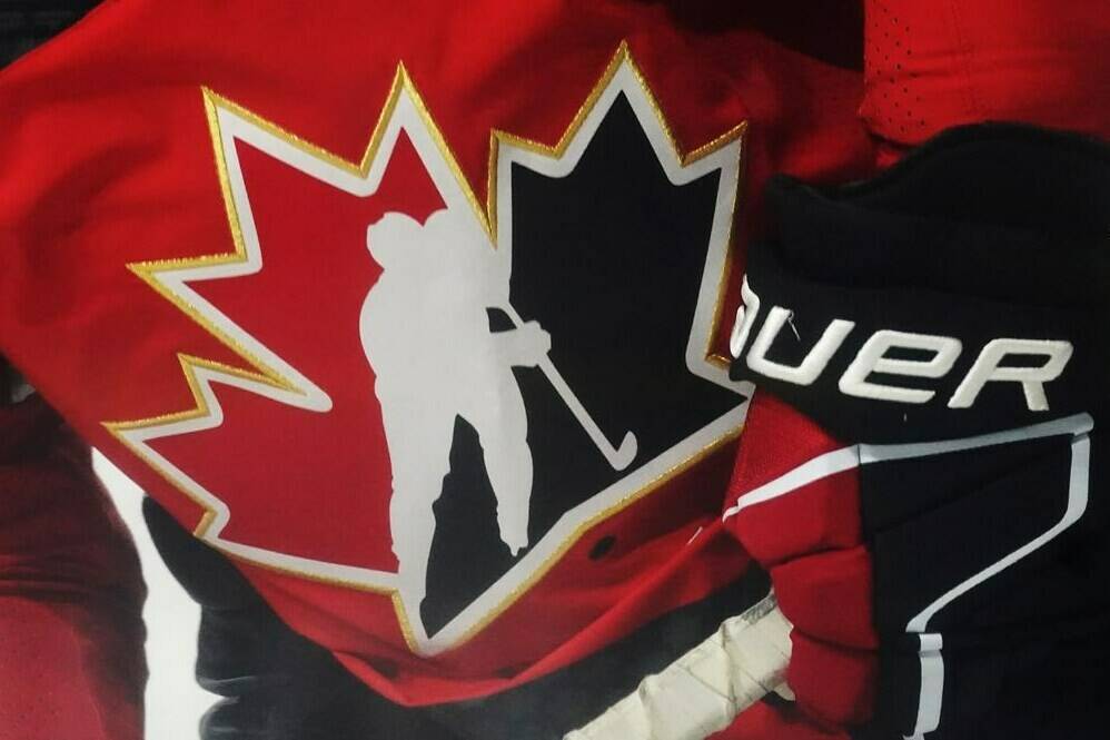 A Team Canada logo is shown on a player during the warm-up prior to Rivalry Series hockey action against the United States in Kamloops, B.C., Thursday, Nov. 17, 2022. THE CANADIAN PRESS/Jesse Johnston