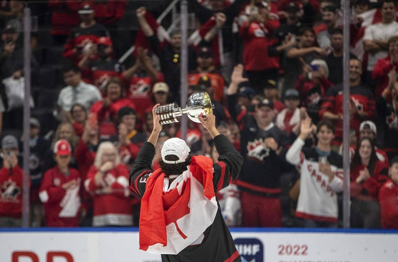 Canada’s Mason McTavish (23) celebrates the win over Finland during IIHF World Junior Hockey Championship gold medal game action in Edmonton, Saturday, Aug. 20, 2022. THE CANADIAN PRESS/Jason Franson