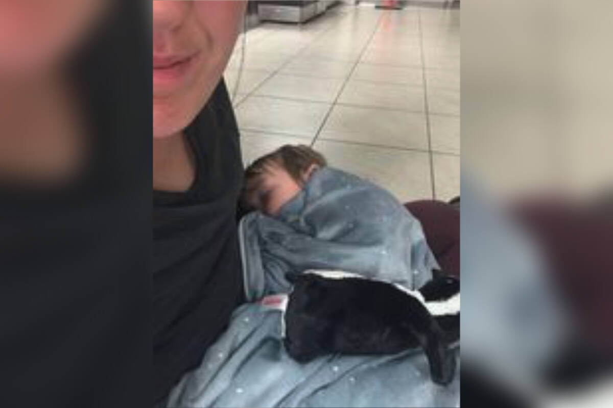 Heidi-Louise Chadwick and her two-year-old son waited in the Calgary airport for hours before their flight was cancelled, prompting her husband to drive 14 hours to save them. (Courtesy of Heidi-Louise Chadwick)