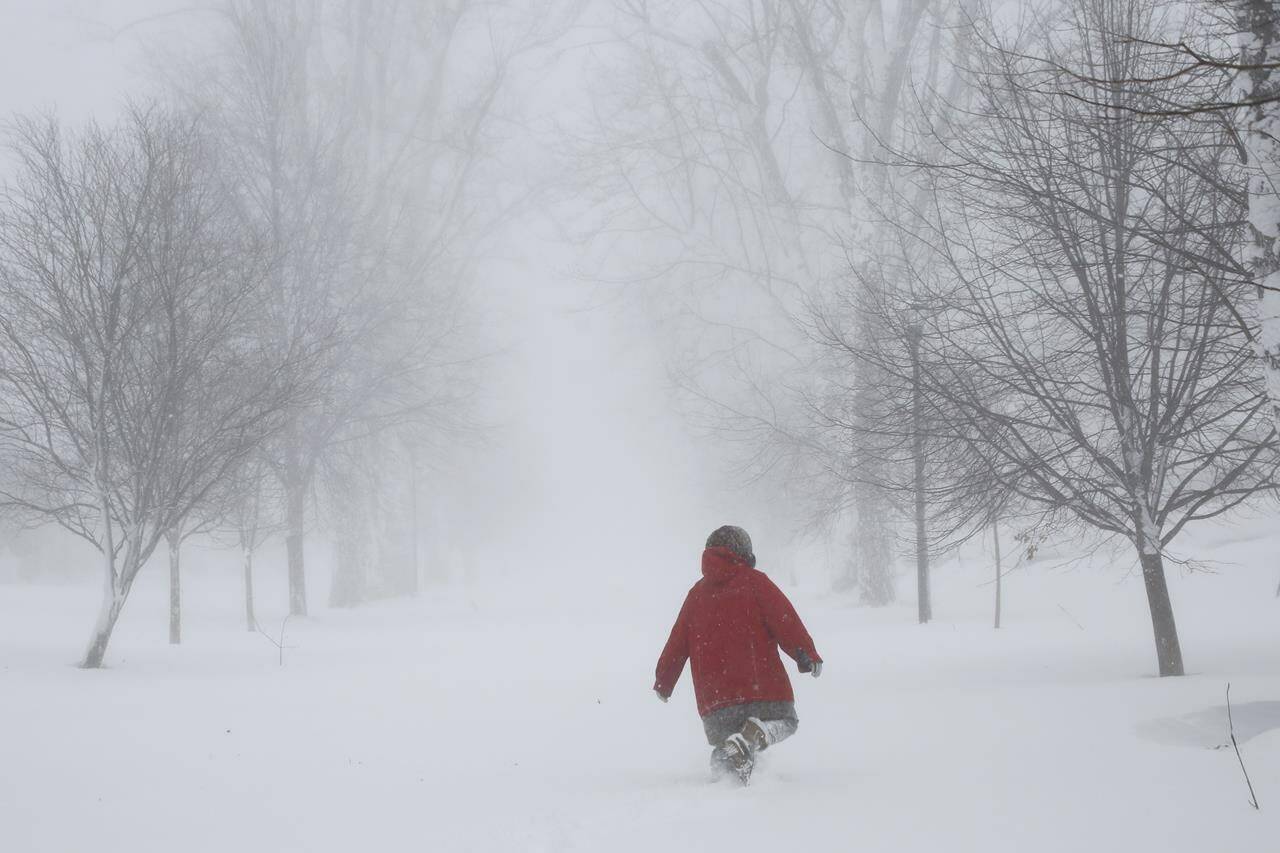 A person walks on the street as a winter storm rolls through Western New York Saturday, Dec. 24, 2022, in Amherst, N.Y. A battering winter storm has knocked out power to hundreds of thousands of homes homes and businesses across the United States on Saturday. It left millions more to worry about the prospect of further outages and crippled police and fire departments. (AP Photo/Jeffrey T. Barnes)