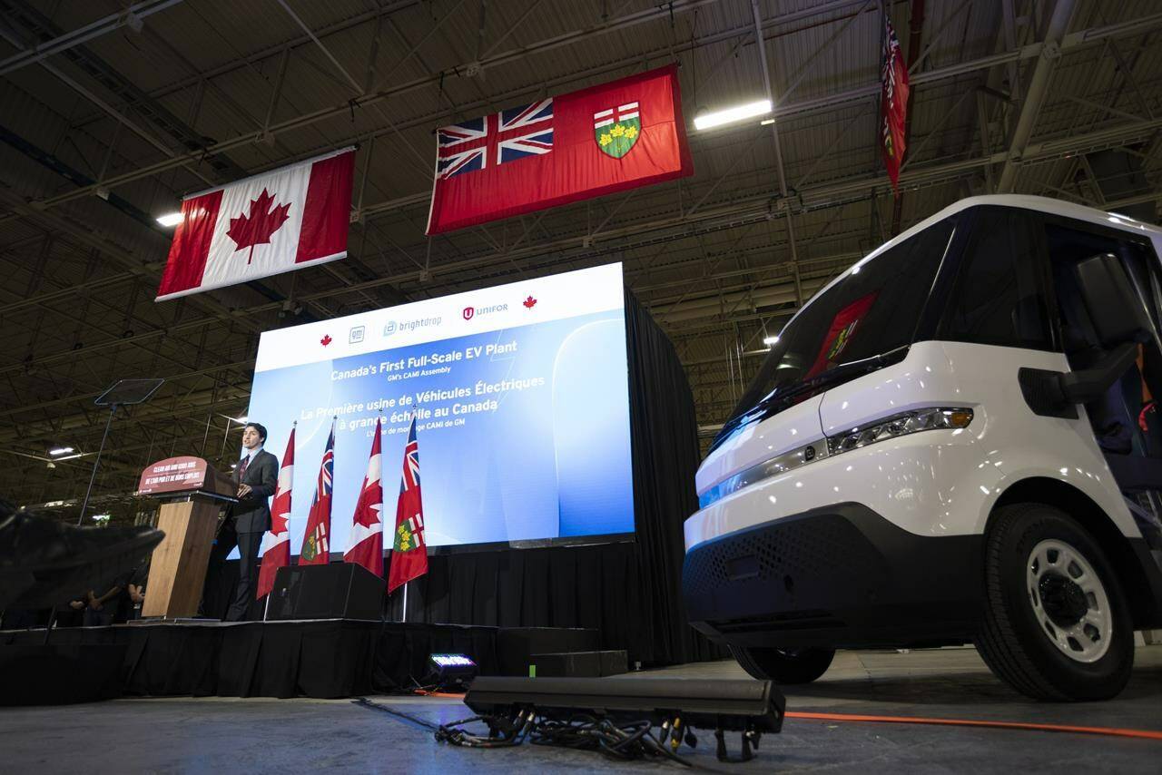Prime Minister Justin Trudeau speaks at the General Motors CAMI production plant in Ingersoll, Ont., on Dec. 5. THE CANADIAN PRESS/Nicole Osborne
