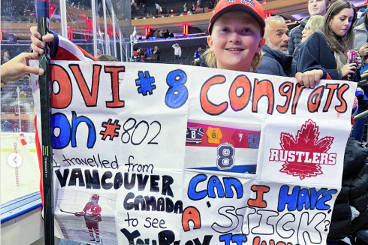 Carter Cavan’s sign worked – Alex Ovechkin gave him his stick after the game. (Special to Black Press)