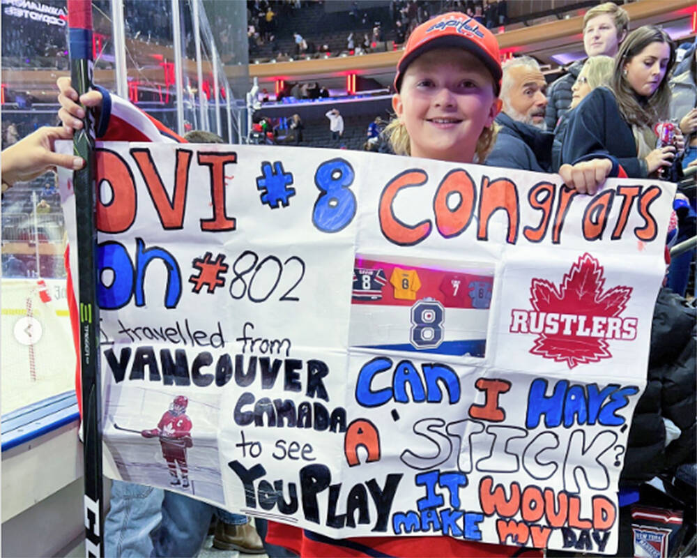 Carter Cavan’s sign worked – Alex Ovechkin gave him his stick after the game. (Special to Black Press)