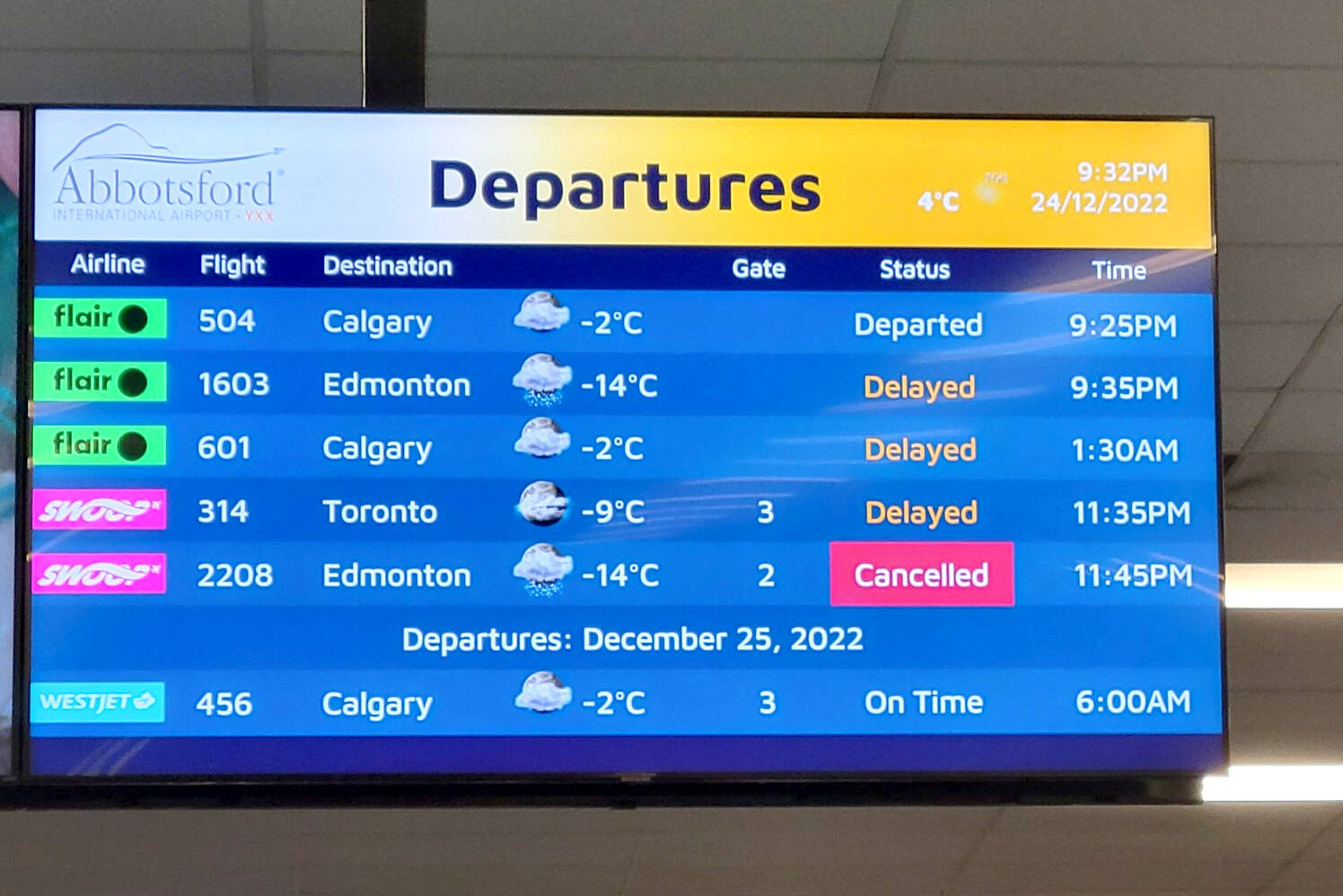 A flight departure board at Abbotsford International Airport illustrating the the cancellations and delays that were common through the holidays across Canada. (Jane Bouey/Twitter)