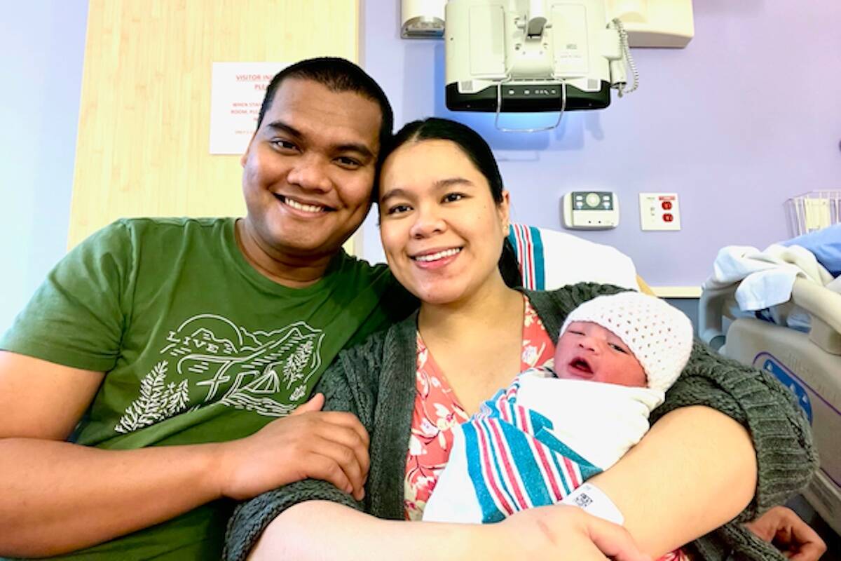 B.C.’s first baby of the new year is Gabriella Louise Camayan, born at Abbotsford Regional Hospital at 12:02 a.m. The proud parents are Arben Camayan and Thea Villaneu. (Fraser Health photo)