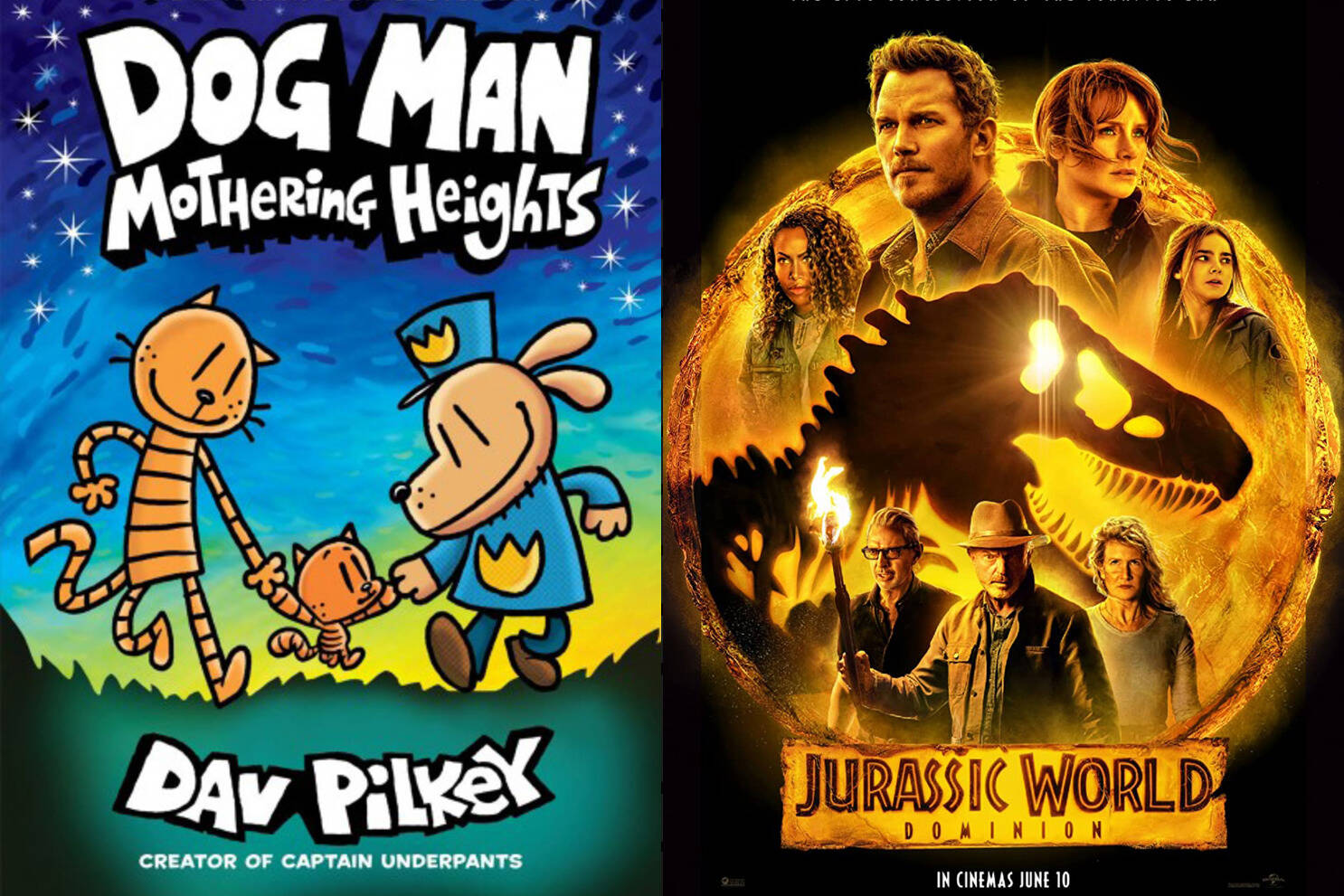 Dav Pilkey’s Dog Man, Mothering Heights was the top pick for kids, and Jurassic World was the top pick for moviegoers at the Fraser Valley Regional Library in 2022. (FVRL images)