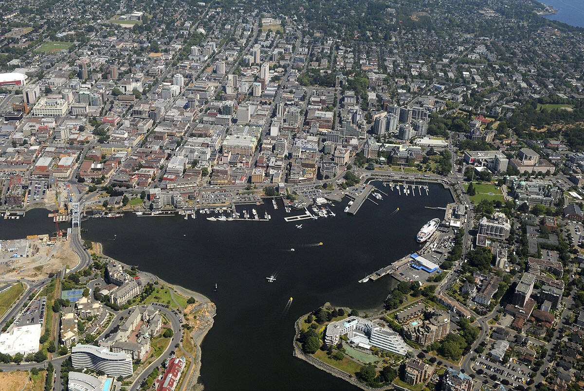 An aerial view over downtown Victoria and the Inner Harbour. Victoria has been named the 10th friendliest city in the world by the readers of Conde Nast Traveler magazine. (Black Press Media file photo)