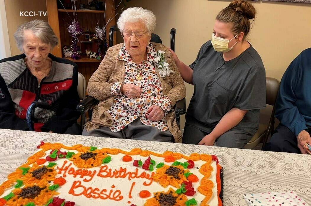 This image made from video, provided by KCCI 8 News in Des Moines, Iowa, shows Bessie Laurena Hendricks celebrating her 115th birthday in November 2022. Hendricks, an Iowa woman who was believed to be the oldest living person in the U.S., died Tuesday, Jan. 3, 2023, at the age of 115. (KCCI 8 News via AP)