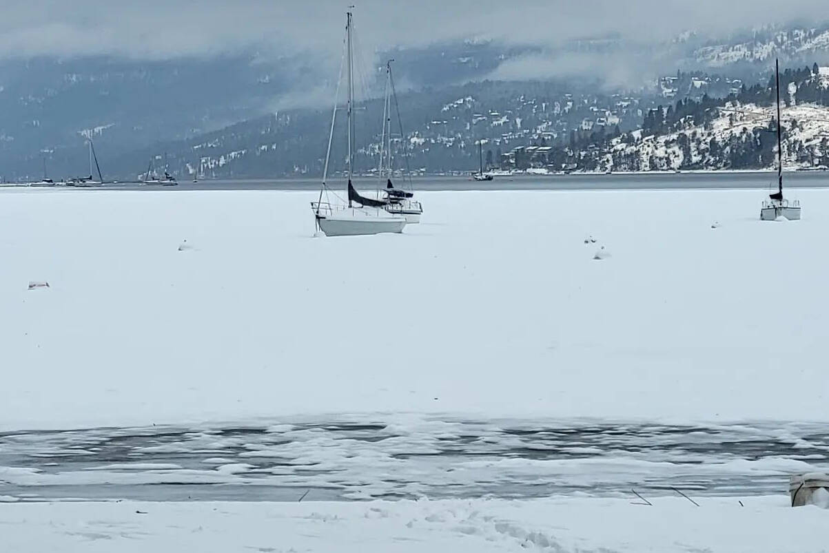 Boats moored on Okanagan Lake, which has some partially frozen spots but is still dangerous for anyone to venture out on. (Roger Knox - Morning Star)