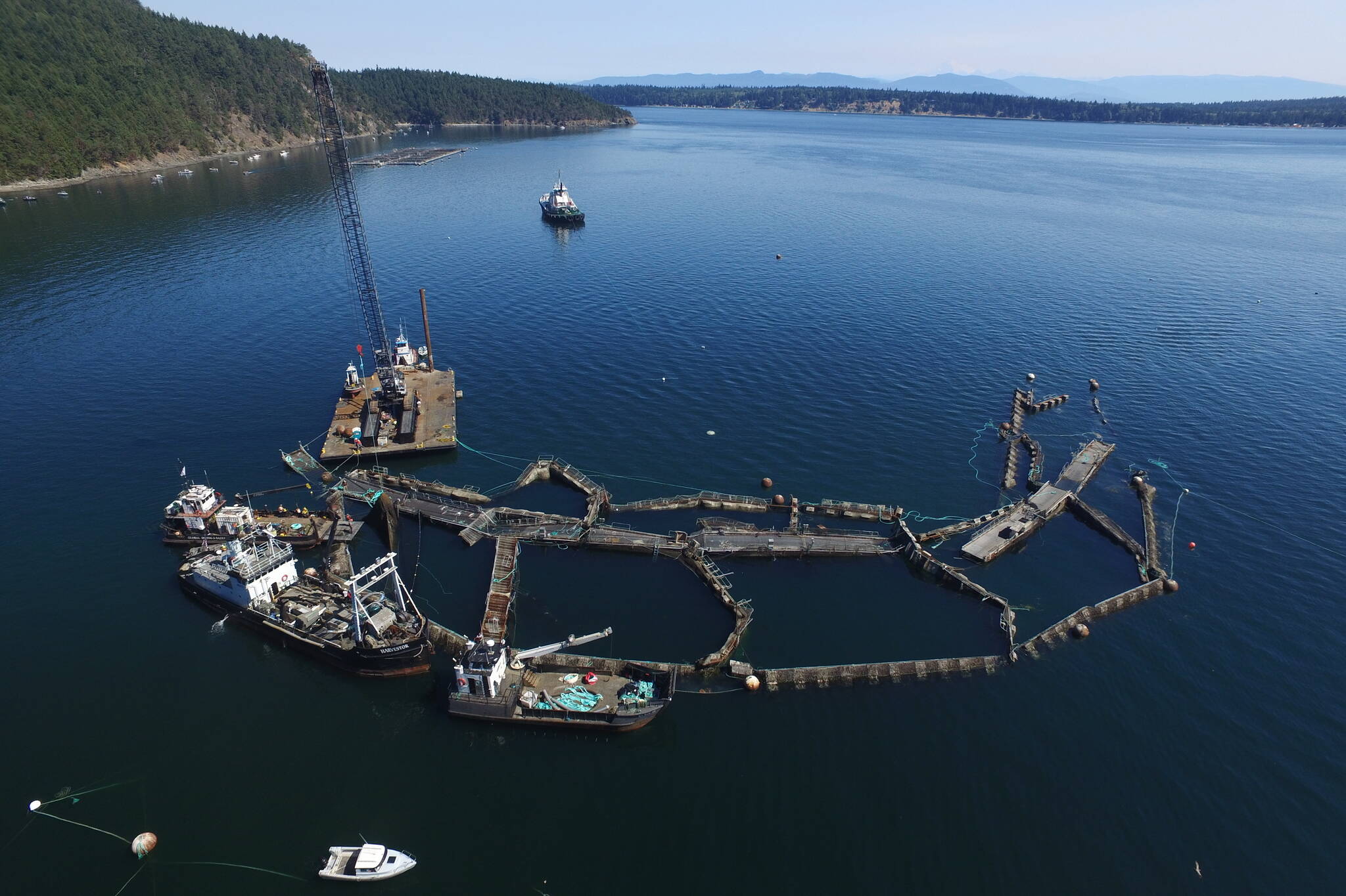 FILE - Recirculating Aquaculture Systems, which involve moving the fish farm to land as opposed to an open net fish farm, is one possible future for the aquaculture industry in British Columbia. This photo, of a boat and crane situated next to a collapsed “net pen” by Cooke Seafood off the coast of Cypress Island in Washington State in 2017, came when a net failure allowed tens of thousands of nonnative fish to escape. The incident resulted in a nearly $600,000 settlement to the Lummi Indian tribe over the net collapse and damage done to the native salmon population, and prompted the state government to end the practice of fish farming nonnative fish. regarding File Photo David Bergvall Washington State Dept. of Natural Resources via AP