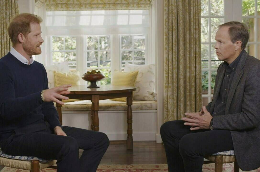 This undated screengrab issued by ITV on Friday Jan. 6, 2023 shows Britain’s Prince Harry, left, speaking during an interview with ITV’s Tom Bradby for the programme Harry: The Interview. (Harry: The Interview on ITV1 and ITVX at 9pm on January 8/PA via AP)