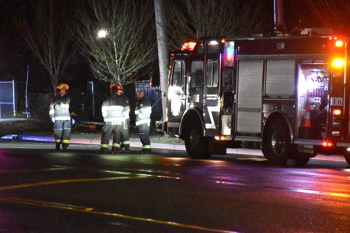 A 17-year-old male from Surrey has been identified as the victim of a single vehicle crash involving a 2021 Tesla on Fraser Highway in Langley’s Murrayville neighbourhood on Saturday night, Jan. 7. (Curtis Kreklau, South Fraser News Services/Special to Langley Advance Times)