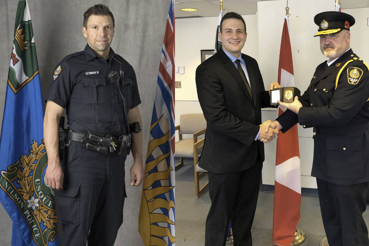 Nelson Police Department Const. Wade Tittemore (left) died in an avalanche while backcountry skiing north of Nelson on Jan. 9, 2023. His colleague Const. Mathieu Nolet (middle), seen with Chief Donovan Fisher, was critically injured in the incident. Photo: City of Nelson