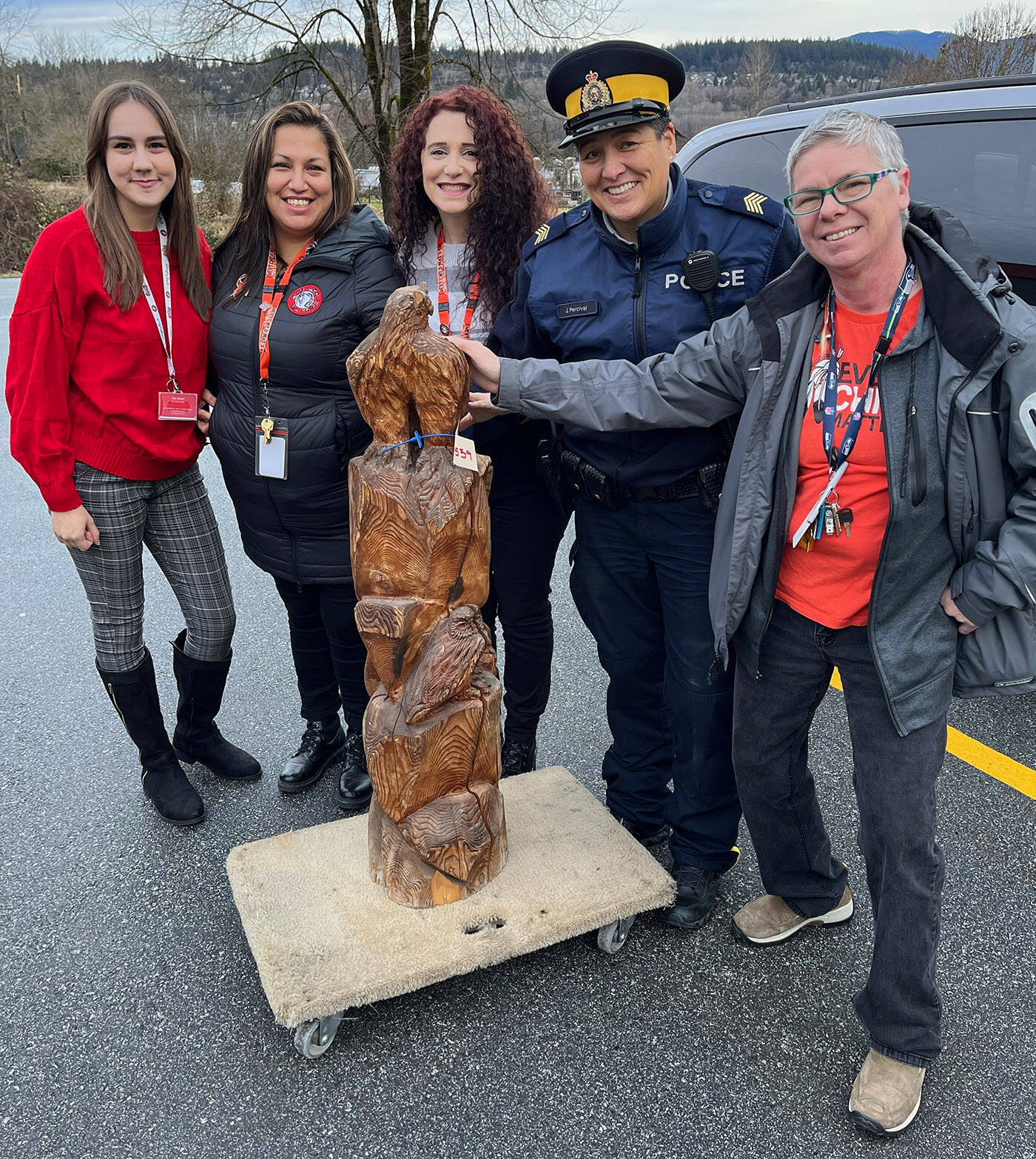 This carved figure was returned to kʷikʷəƛ̓əm (Kwikwetlem) First Nation on Jan. 9, 2023. It was stolen on Oct. 12, 2022 from Coquitlam and found in a basement suite in Chilliwack on Dec. 28, 2022. (RCMP)