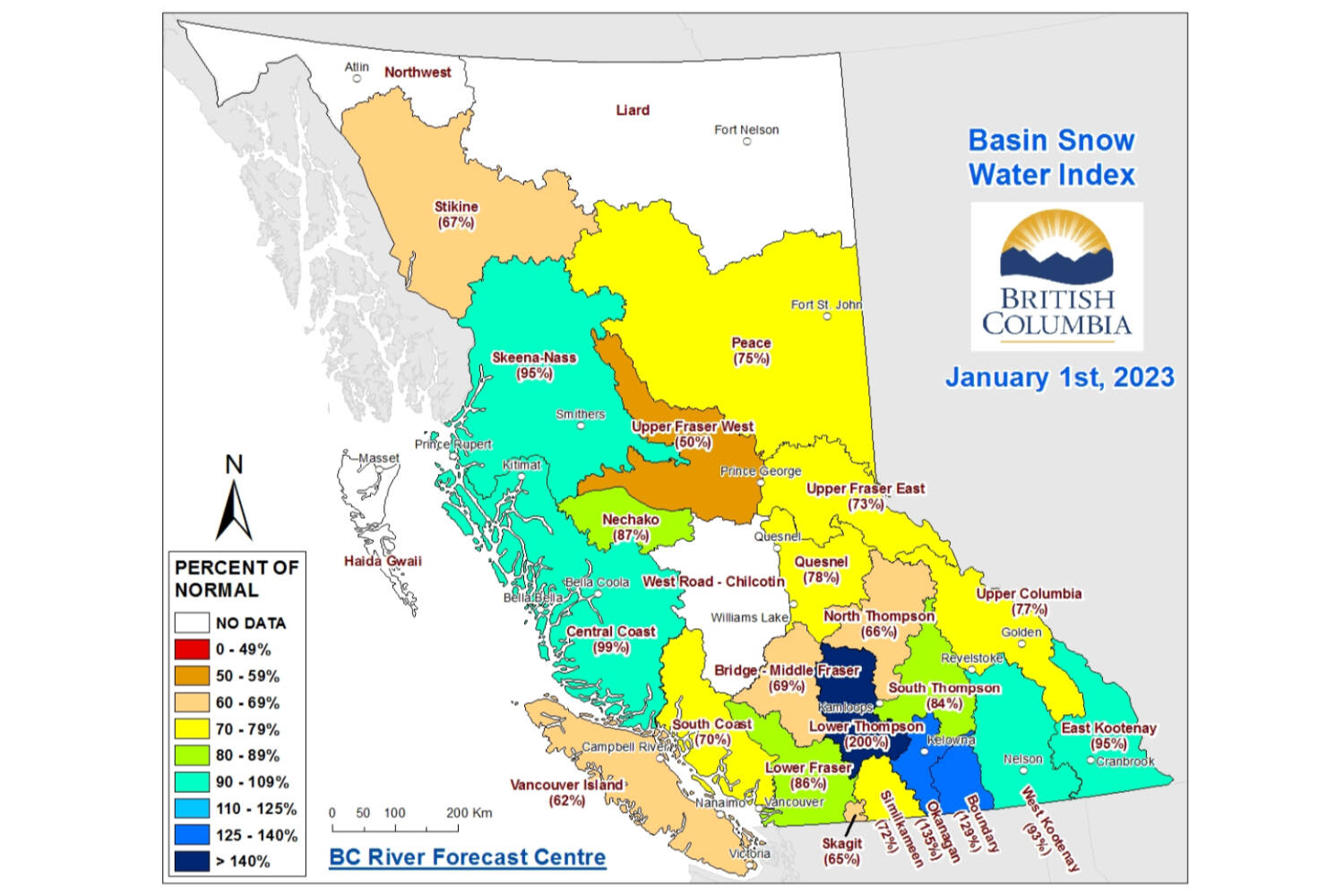 The Jan. 1 data from the B.C. River Forecast Centre shows snow levels below normal in much of the province, with the exception of the Okanagan and Boundary regions. (B.C. River Forecast Centre image)