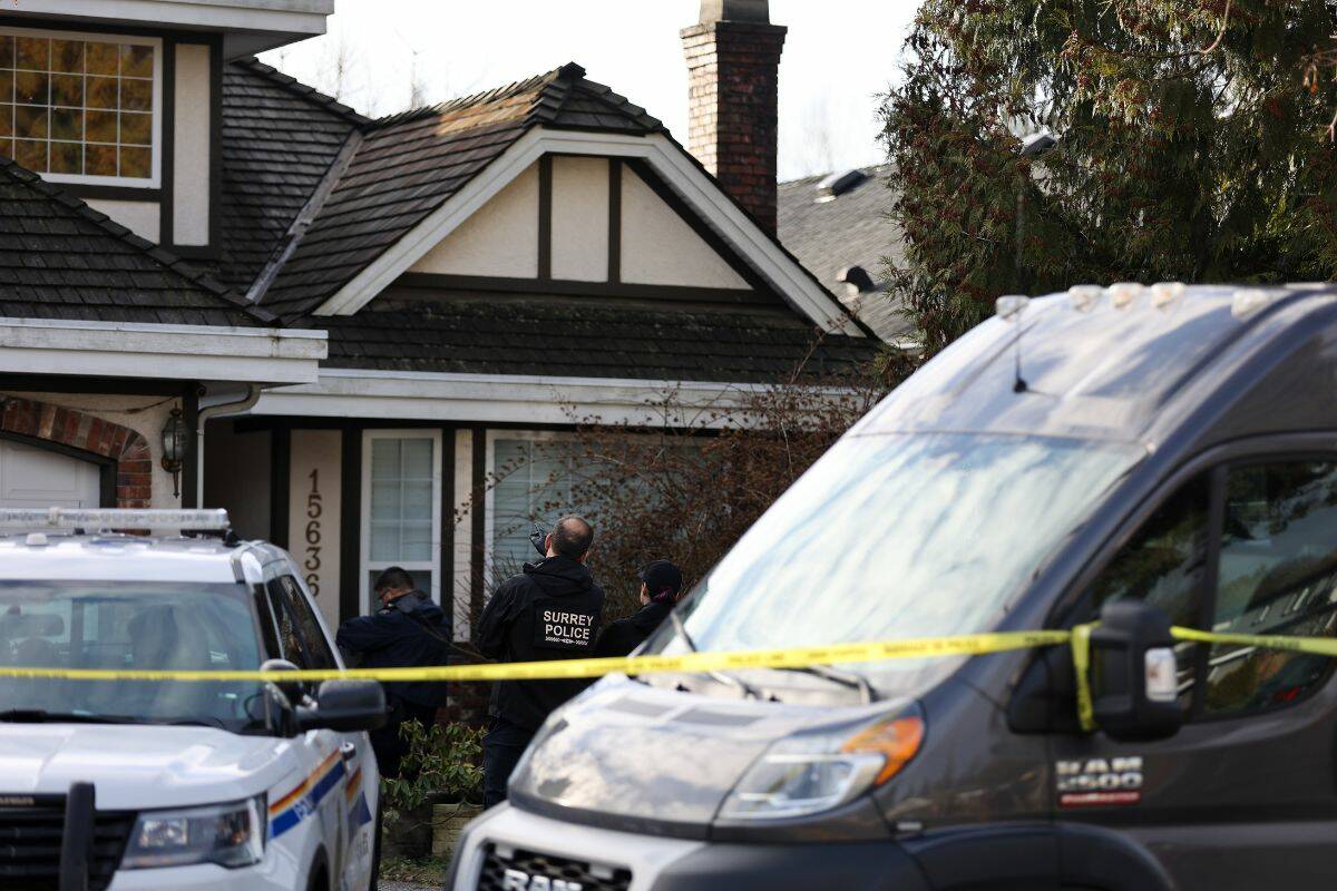 Police investigating at a home in Fraser Heights after 3 individuals were found dead inside on Monday (Jan. 9) in Surrey on Tuesday, Jan. 10, 2023. (Photo: Anna Burns)