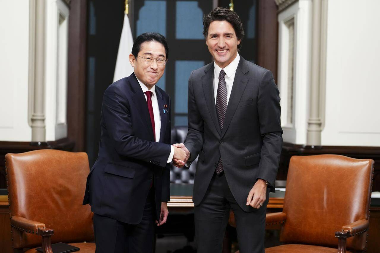 Prime Minister Justin Trudeau meets with Prime Minister of Japan Fumio Kishida on Parliament Hill in Ottawa on Thursday, Jan. 12, 2023. THE CANADIAN PRESS/Sean Kilpatrick