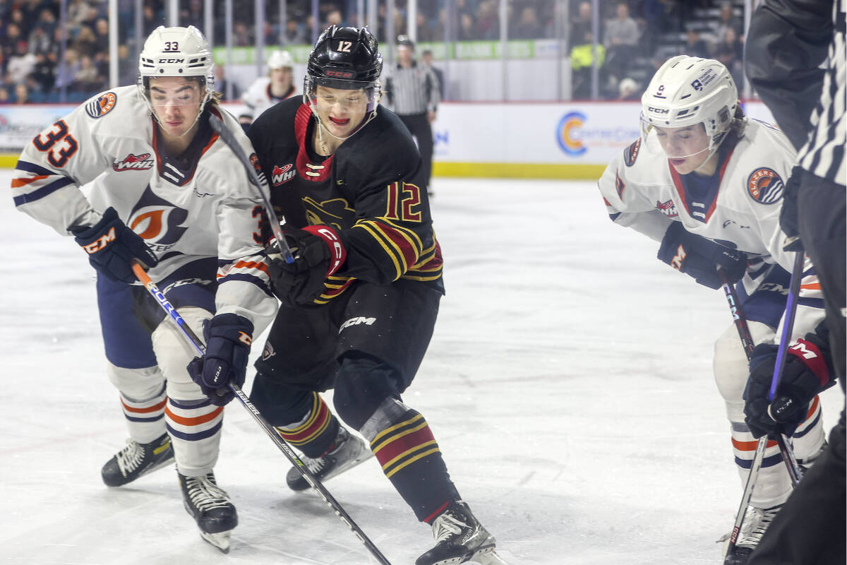 Connor Dale was among the Giants who shared ice time Wednesday in Kamloops, when the G-Men fell 6-3 to the hosting Blazers. (Allen Douglas/Special to Black Press Media)