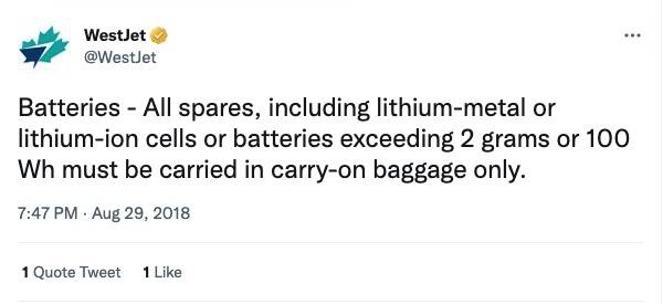 A 2018 Tweet by WestJet on lithium batteries. (WestJet/Twitter)