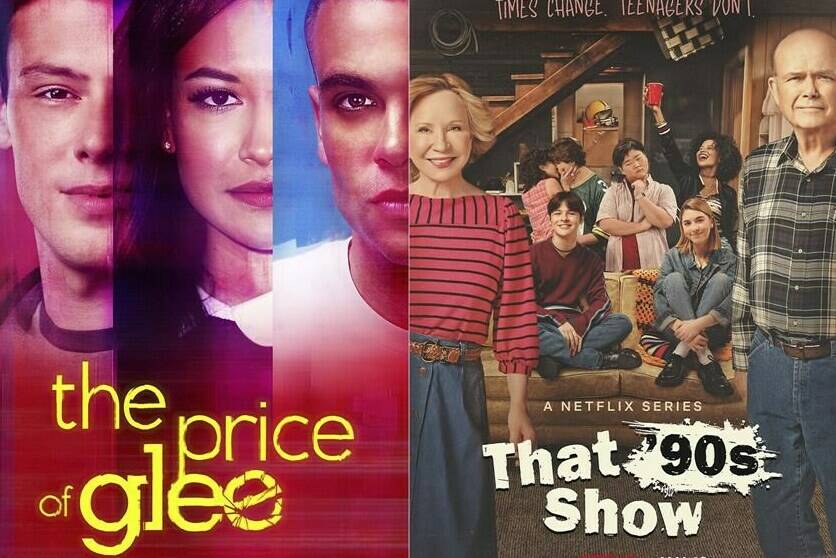 This combination of photos shows promotional art for “The Price of Glee,” a series premiering Monday, Jan. 16 on ID, left, and “That 90s Show,” a series premiering Jan. 19 on Netflix. (ID/Netflix.Netflix via AP)
