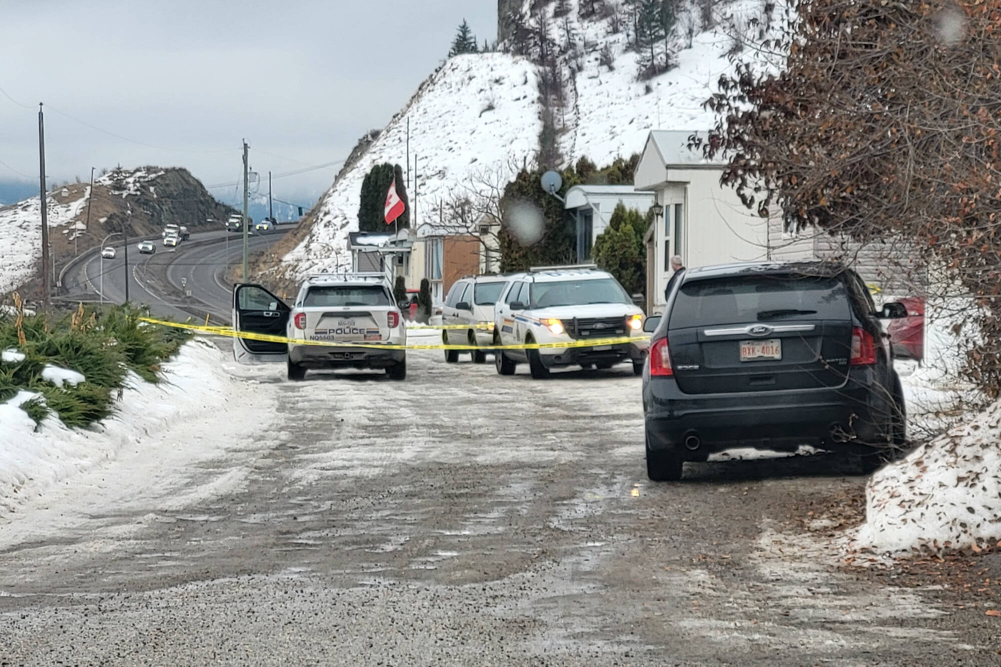 A large police presence could be seen on Clerke Road in Coldstream early Tuesday, Jan. 17. Two bodies were discovered inside a home at a trailer park. (Roger Knox - Morning Star)