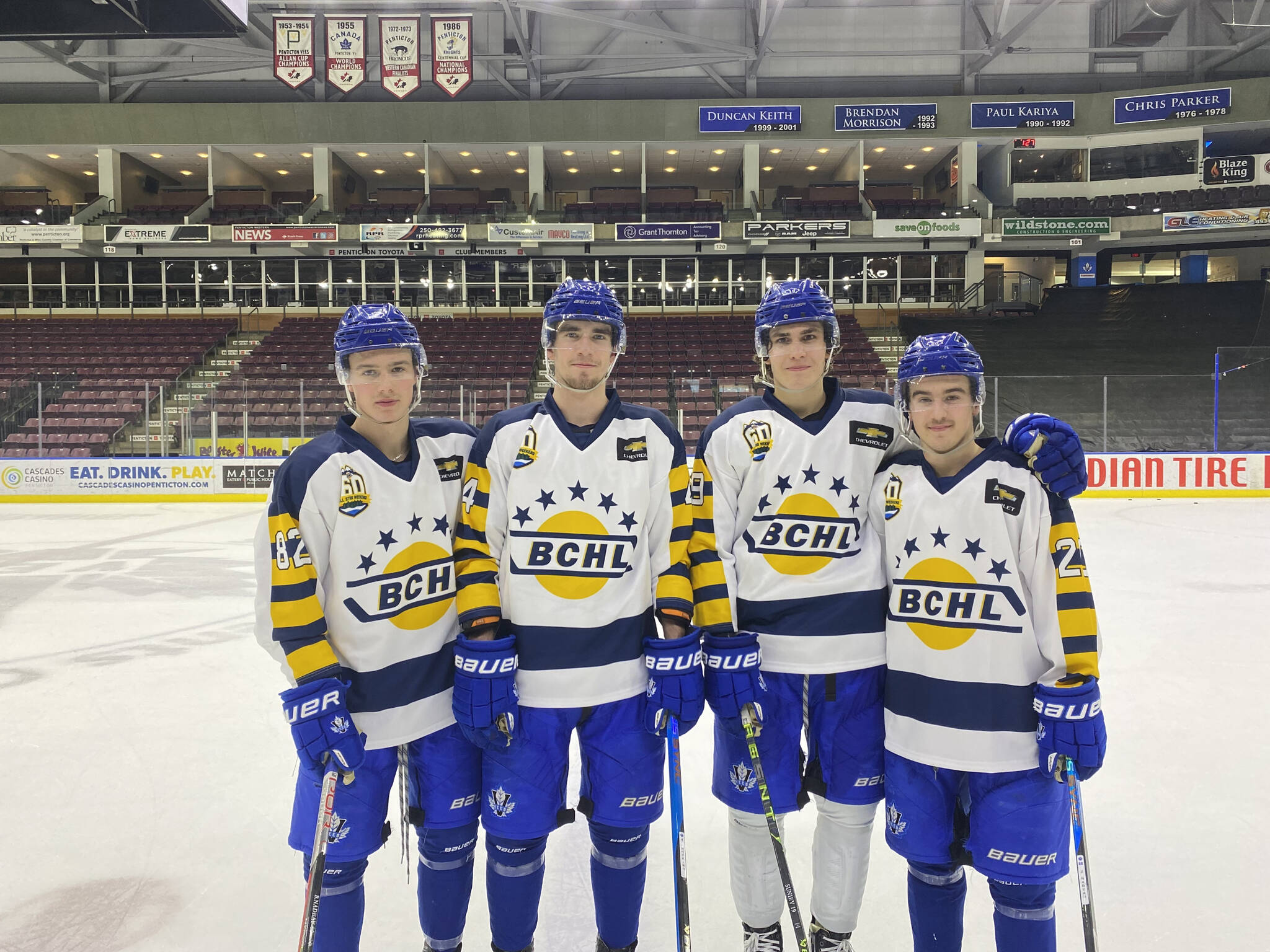 Left to right: Penticton Vees Bradly Nadeau, Ryan Hopkins, Aydar Suniev and Josh Nadeau will be participating in BCHL’s 60th Anniversary Prospects game at the SOEC Friday night. The weekend All Star and Alumni games continue Saturday at the outdoor rink. (Logan Lockhart Western News)