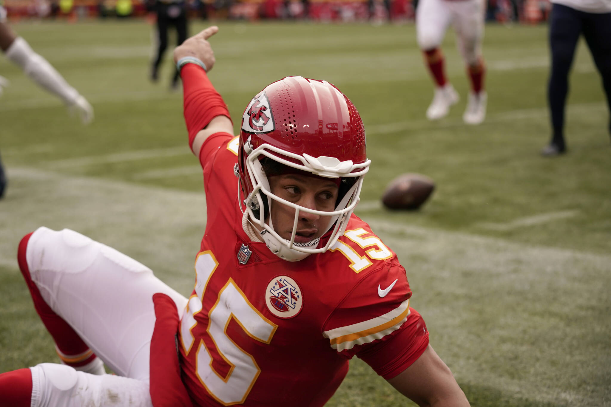 Kansas City Chiefs quarterback Patrick Mahomes celebrates after scoring during the second half of an NFL football game against the Seattle Seahawks Saturday, Dec. 24, 2022, in Kansas City, Mo. (AP Photo/Charlie Riedel)