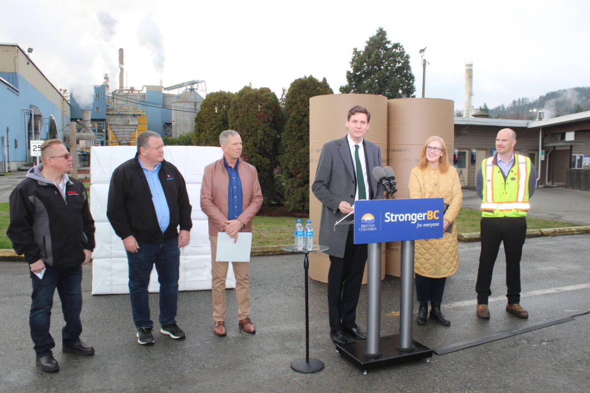 From left: Geoff Dawe, Travis Gregson, Doug Routley, Premier David Eby, Brenda Bailey and Stew Gibson at the Crofton pulp mill funding announcement. (Photo by Don Bodger)