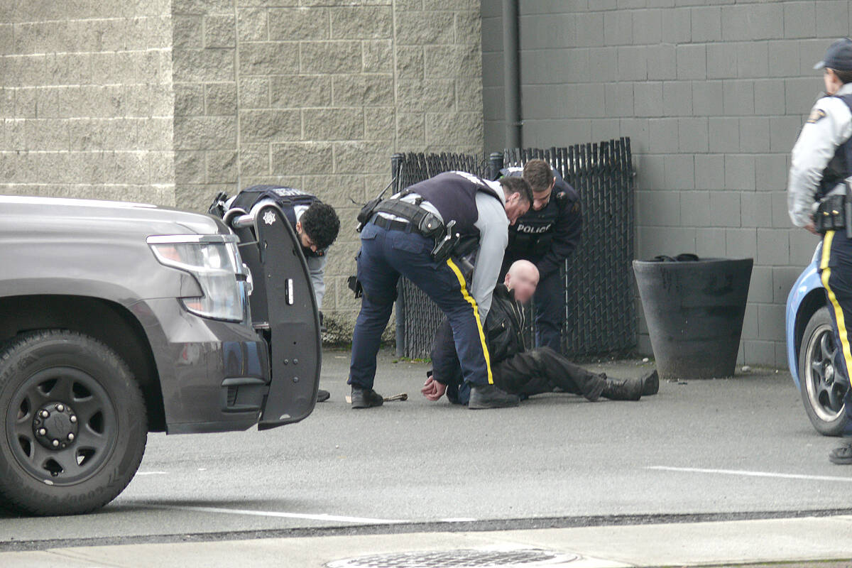 One man was arrested after report of an individual with a machete hitting cars in Langley City. Officers made the arrest near 203rd Street and 56th Ave. around 2 p.m. (Dan Ferguson/Langley Advance Times)