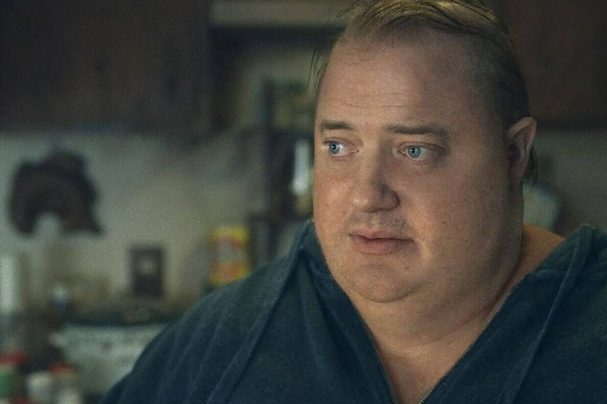 This image released by A24 shows Brendan Fraser in a scene from “The Whale.” (A24 via AP)