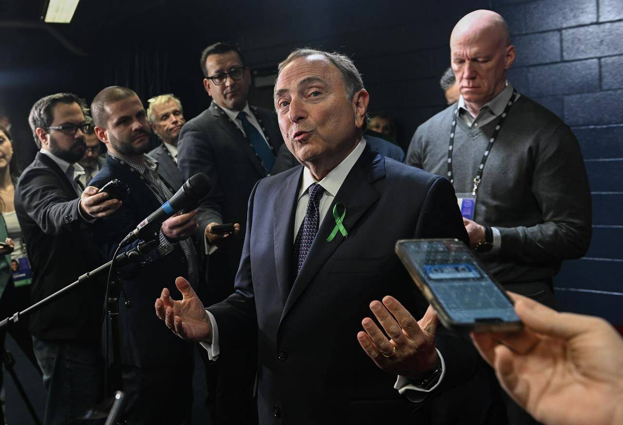 NHL commissioner Gary Bettman speaks during a news conference prior to an NHL hockey game between the Montreal Canadiens and Boston Bruins in Montreal, Tuesday, January 24, 2023. THE CANADIAN PRESS/Graham Hughes