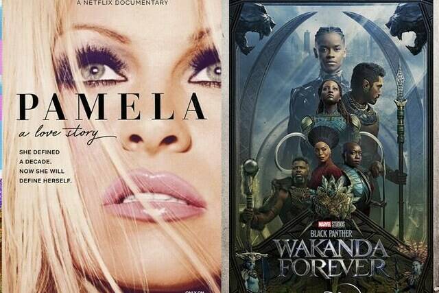 This combination of photos shows promotional art for “Pamela: A Love Story,” premiering Jan. 31, and “Black Panther: Wakanda Forever,” premiering Feb. 1, (Netflix/Netflix/Disney+/Netflix via AP)