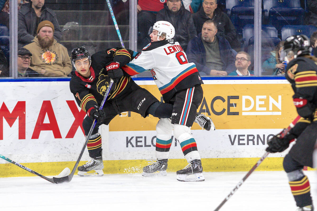 Vancouver Giants forward Ty Halaburda fought for the puck as the G-Men fell to the Kelowna Rockets at Prospera Place on Saturday night, Jan. 28. (Steve Dunsmoor/Special to Langley Advance Times)